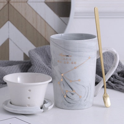 Natural Marble 12 Constellation Ceramic Pink Zodiac Mug With Lid Coffee Mugs Creative Personality Cup 380ml Cups And Mugs Xicara