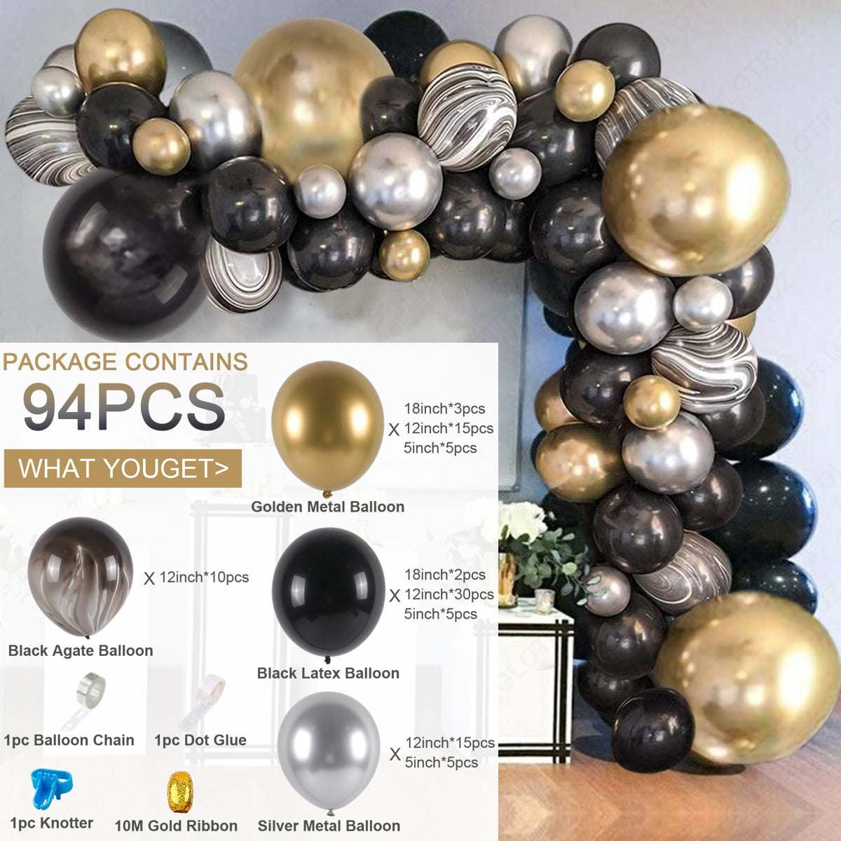 Black Gold Balloon Garland Arch Kit Confetti Latex Balloon Happy 30 40 50 Year Old Birthday Party Decoration 30th Anniversary