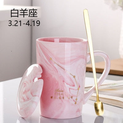 Natural Marble 12 Constellation Ceramic Pink Zodiac Mug With Lid Coffee Mugs Creative Personality Cup 380ml Cups And Mugs Xicara