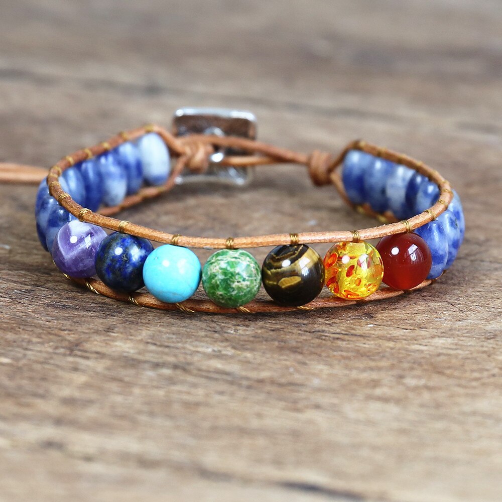 7 Chakra Stone Leather Bracelet for Women Men Handmade Jewelry Blue Dot Beaded String Wrap Charm Bracelet Dropship