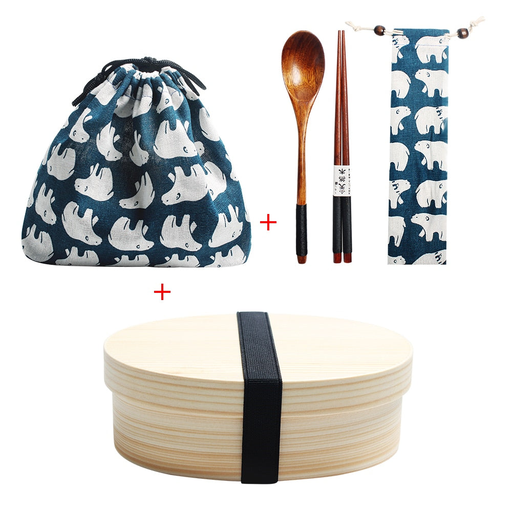 Wooden Lunch Box Picnic  Japanese Bento Box for School Kids Dinnerware Set with Bag&amp;Spoon Fork Chopsticks Round Square Lunch Box