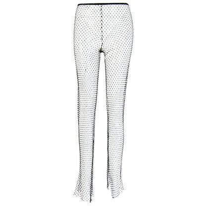 DIRTYLILY Crystal Diamond Shiny Women Pants Summer New Fashion Hollow Out Fishnet Wide Leg Trousers Sexy See Through Beach Pant