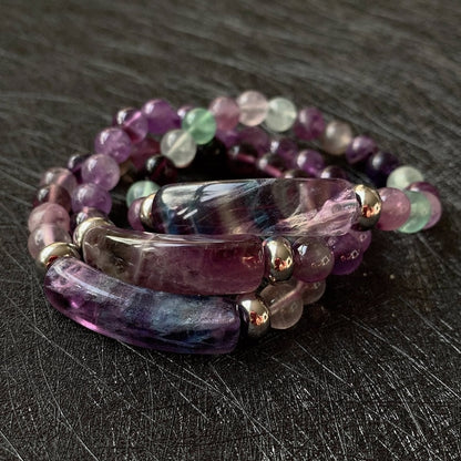 Natural Stone Strand Beads Bracelets Reiki Healing Amethysts Purple Green Fluorite Quartz Crystal Rectangle Bar Charms Bracelets