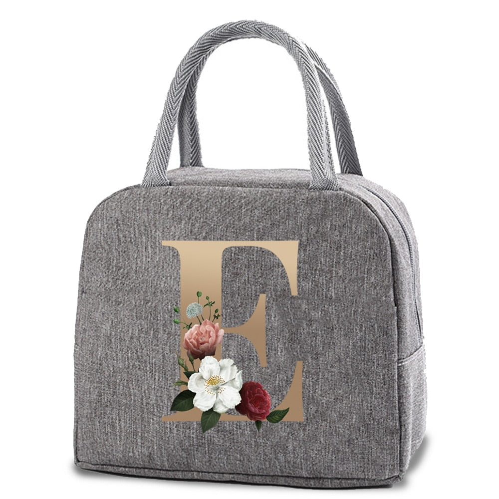 Thermal Lunch Dinner Bags Canvas Gold Letter Handbag Picnic Travel Breakfast Box School Child Convenient Lunch Bag Tote Food Bag