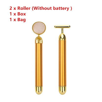 Energy Beauty Bar 24k Golden Vibrating Facial Roller Massager Face Lifting Anti-wrinkle Skin Care Gemstone Roller Ball Set Box