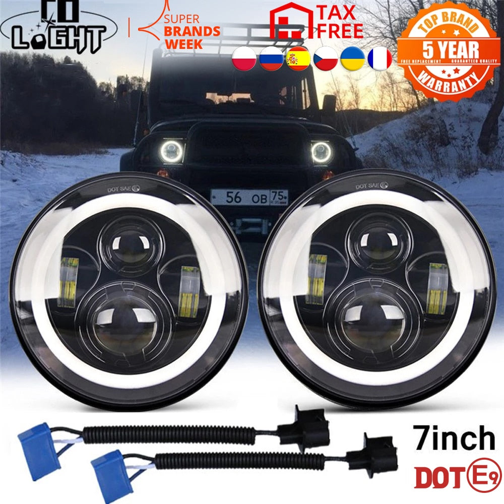 CO LIGHT 7 Inch LED Headlights DRL Hi/Lo Beam 50W 30W Halo Ring Amber Angel Eye For Niva Motorcycle Lada Offroad 4x4 UAZ 12V 24V