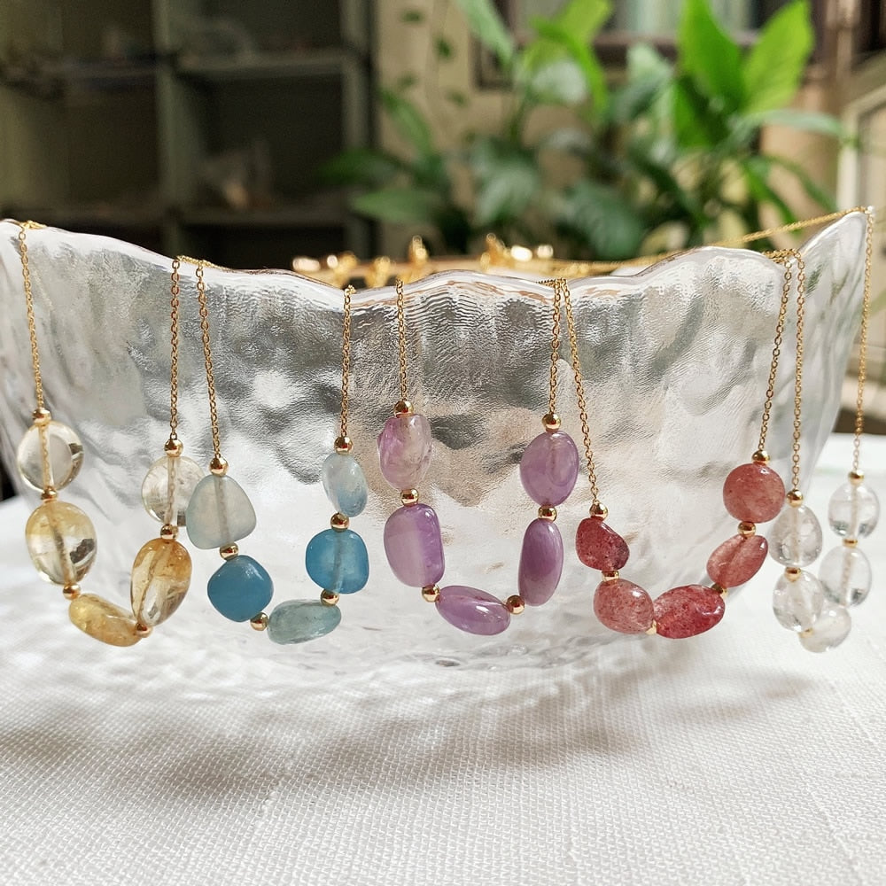 Minimalist Natural Crystal Stone Necklace Irregular Mineral Quartz Citrines Fluorite Purple Crystal Charm Tiny Chain Choker