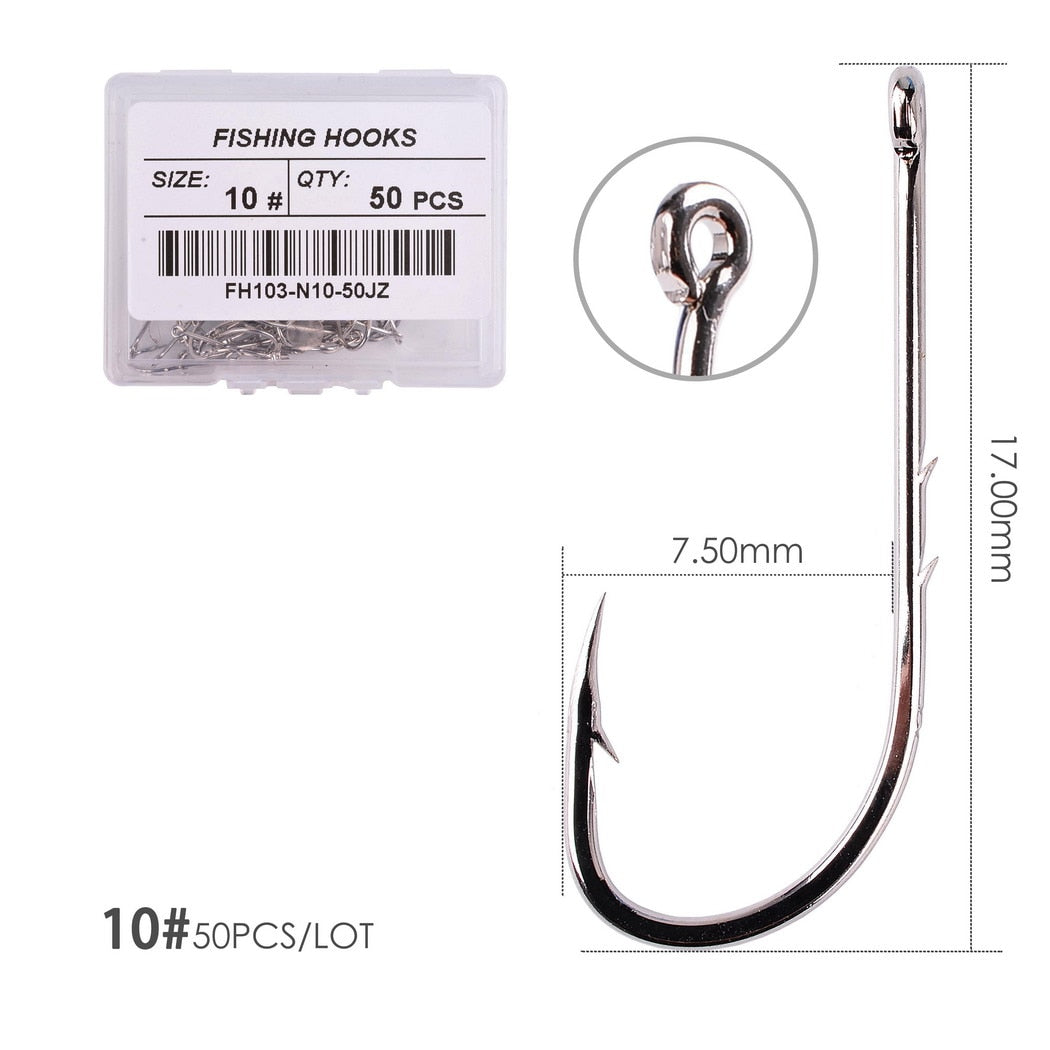 Aorace 50pcs/ Box Long Shank Fishing Hook 1#-12# Fish Hooks High Carbon Steel Sharp Barbed Offset Narrow Bait Hook Fishhook