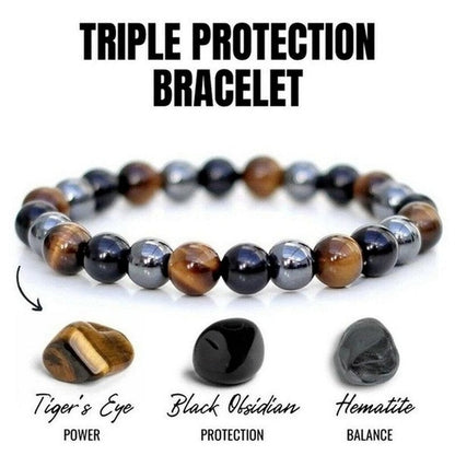 Natural Stone Bracelet Tiger Eye Triple Protection Hematite and Black Obsidian Bracelet Couples Bracelets Weight Loss Jewelry