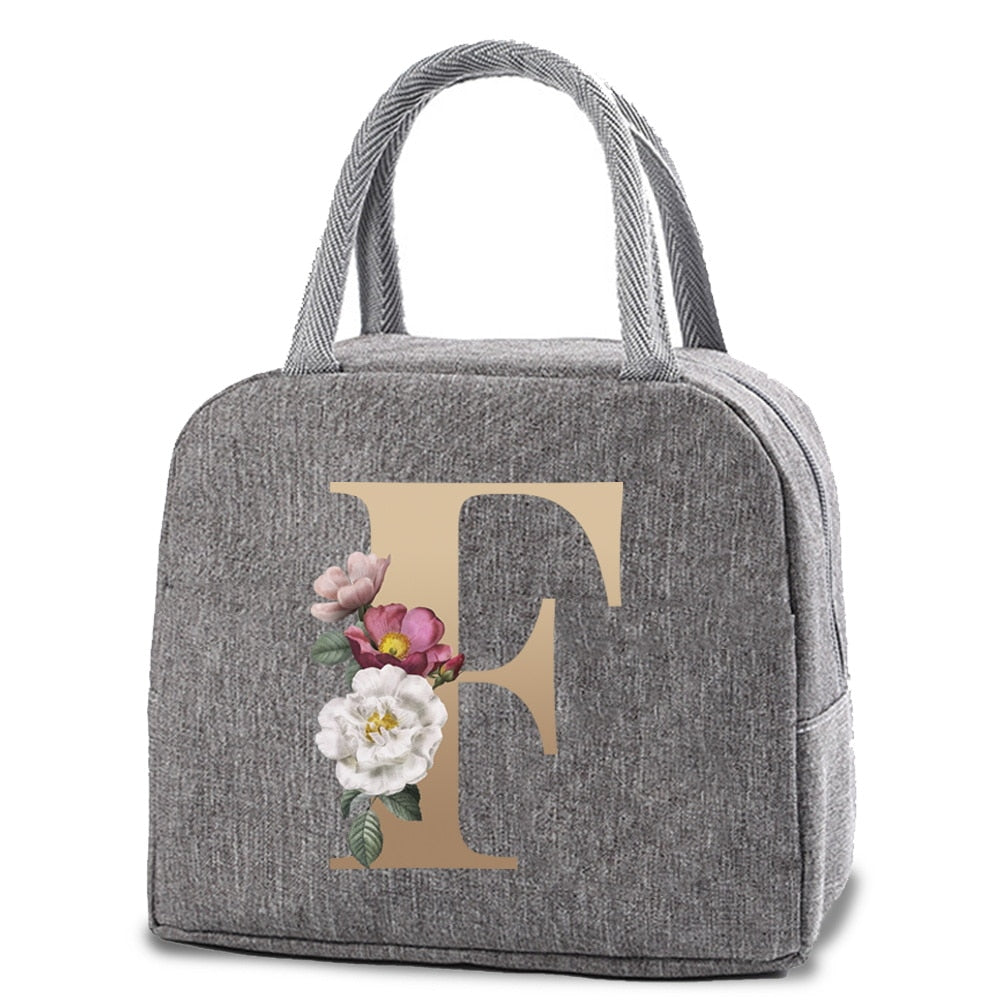 Thermal Lunch Dinner Bags Canvas Gold Letter Handbag Picnic Travel Breakfast Box School Child Convenient Lunch Bag Tote Food Bag