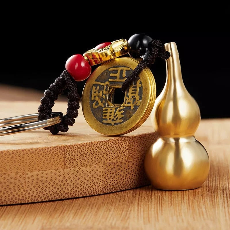 Antique Keychain Charm Gourd Five Emperors Wealth Coin Lucky Chinese Feng Shui Pendant Jewelry