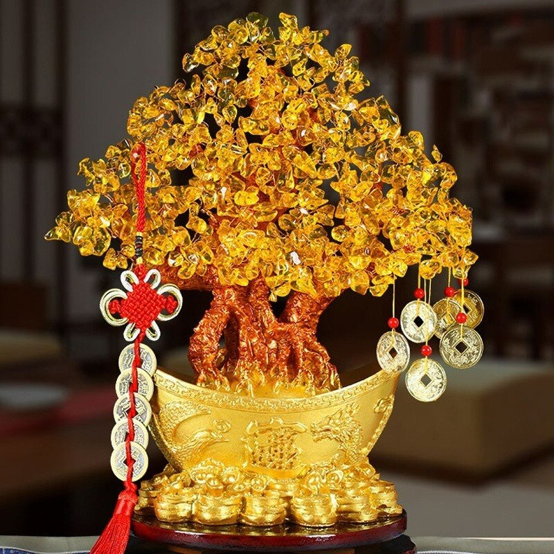 Feng Shui Yellow Lucky Wealth Trees Lemon Quartz Crystal Yuanbao Money Fortune Tree Wealth Luck Feng Shui Ornaments