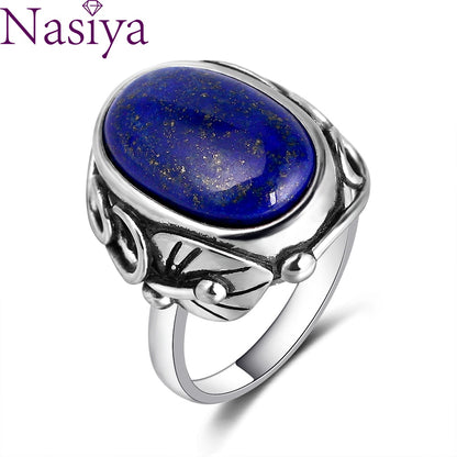 Silver Color Ring Natural Lapis Lazuli White Chalcedony Moonstone Ring Large Stone 11x17MM Oval Fashion jewelry for women