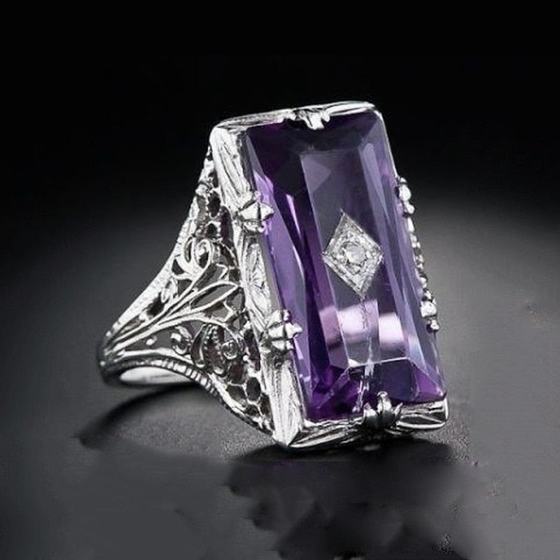 Silver Ring Chamfer Rectangular Amethyst Princess Gemstone Ring Hollow Flower Female Ring Jewelry For Women