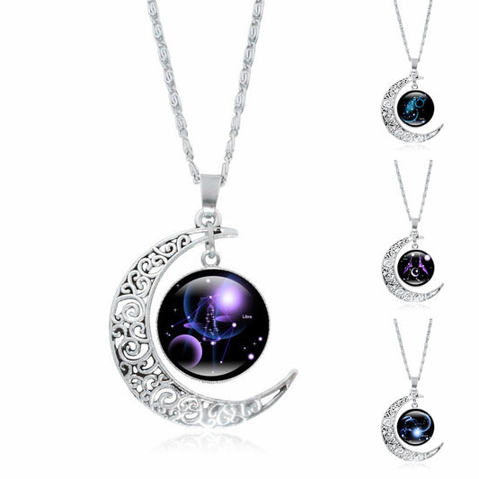 12 Constellation Luminous Necklace Zodiac Signs Jewelry Crescent Moon Pendant Glow In The Dark Necklace Birthday Gifts Women