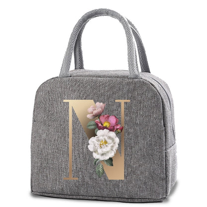 Thermal Lunch Dinner Bags Canvas Gold Letter Handbag Picnic Travel Breakfast Box School Child Convenient Lunch Bag Tote Food Bag