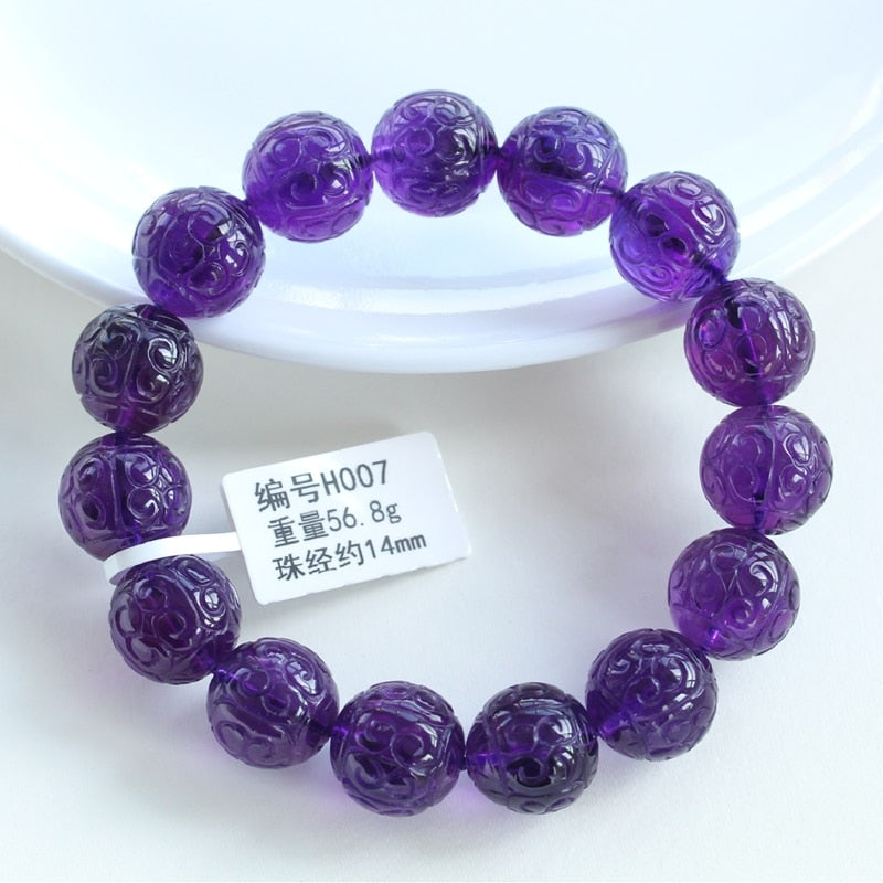 Natural Purple Amethyst Quartz Bracelet 12mm 13mm 14mm Carved Amethyst Clear Round Beads Gemstone Woman Men Crystal AAAAAA