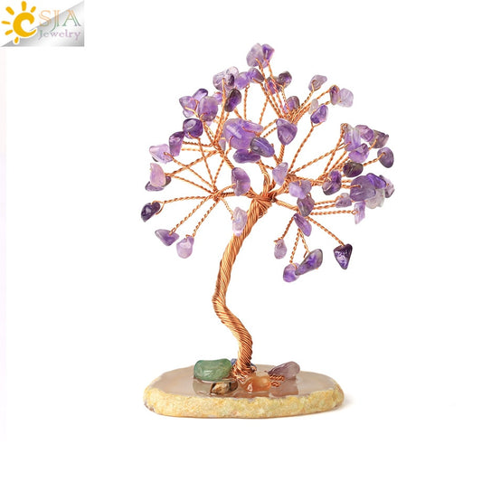 CSJA 7 Chakras Tree of Life Decoration Rose Natural Chip Crystal Handmade Healing Luck Money Trees Feng Shui Home Office  G822