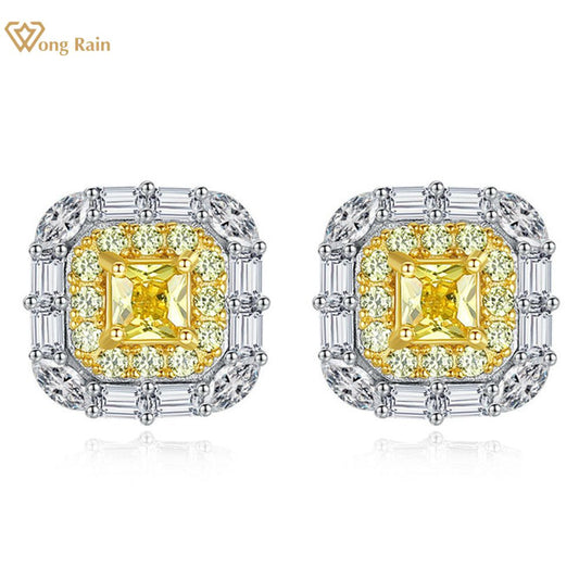 Wong Rain Chic 100% 925 Sterling Silver Citrine High Carbon Diamonds Gemstone Earrings Ear Stud Wedding Fine Jewelry Wholesale