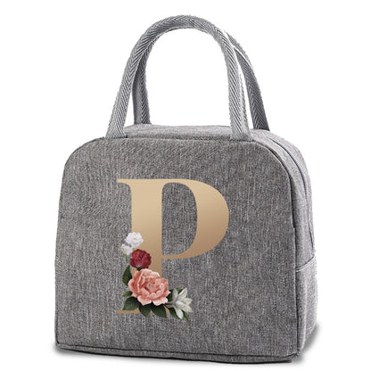 Thermal Lunch Dinner Bags Canvas Gold Letter Handbag Picnic Travel Breakfast Box School Child Convenient Lunch Bag Tote Food Bag