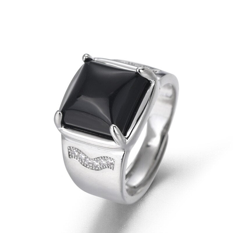 Trendy Men Ring Silver 925 Jewelry Accessories with Obsidian Zircon Gemstone Open Finger Rings for Wedding Engagement Party Gift