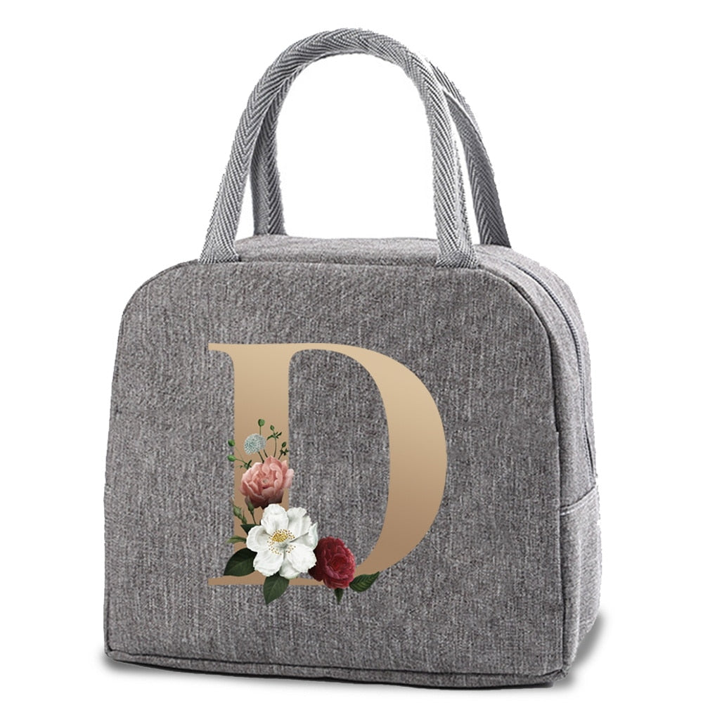 Thermal Lunch Dinner Bags Canvas Gold Letter Handbag Picnic Travel Breakfast Box School Child Convenient Lunch Bag Tote Food Bag