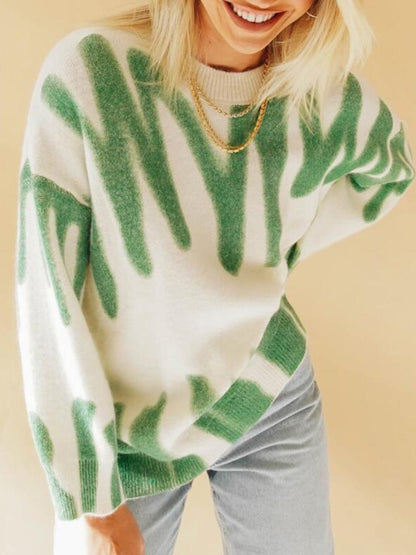 Print Knitted Sweater Women Elegant Green Striped Oversized Pullovers Women Winter Loose Long Sweaters Streetwear Sueter Mujer