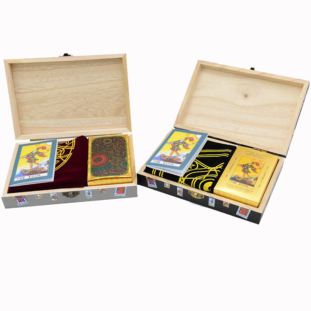 Gold Foil 12 * 7cm Wooden Box Tarot PVC Waterproof Wear-resistant Chess Board Game Card Divination Gift Box Set Luxury