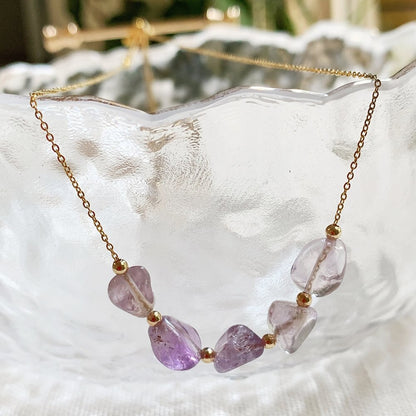 Minimalist Natural Crystal Stone Necklace Irregular Mineral Quartz Citrines Fluorite Purple Crystal Charm Tiny Chain Choker