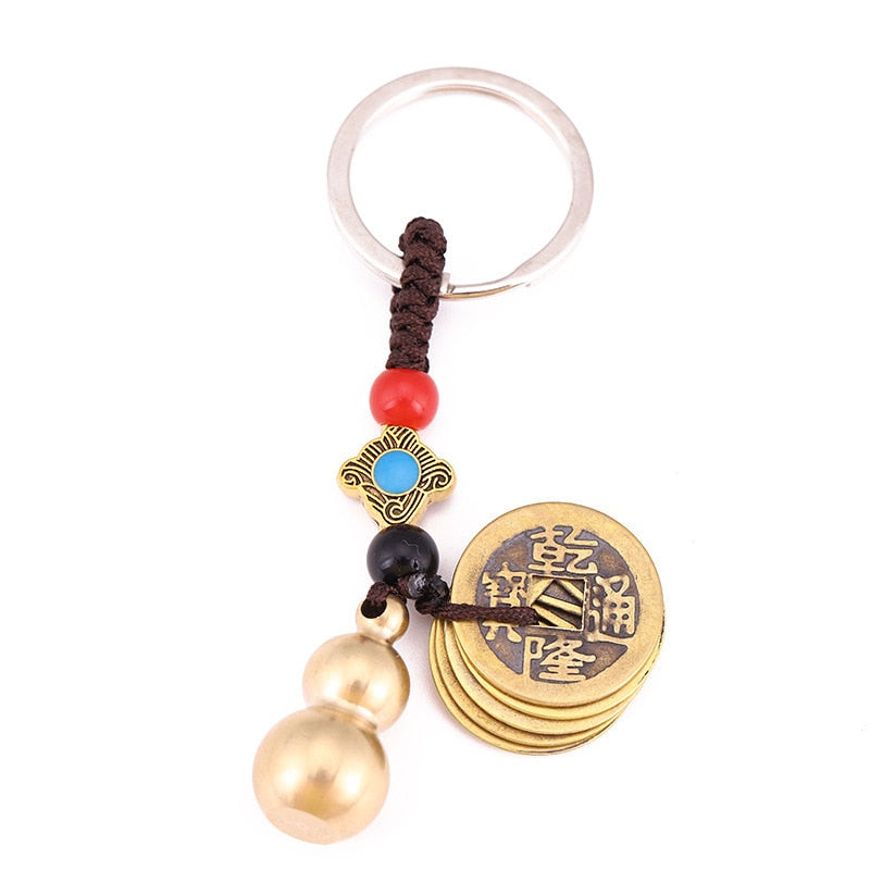 Antique Keychain Charm Gourd Five Emperors Wealth Coin Lucky Chinese Feng Shui Pendant Jewelry