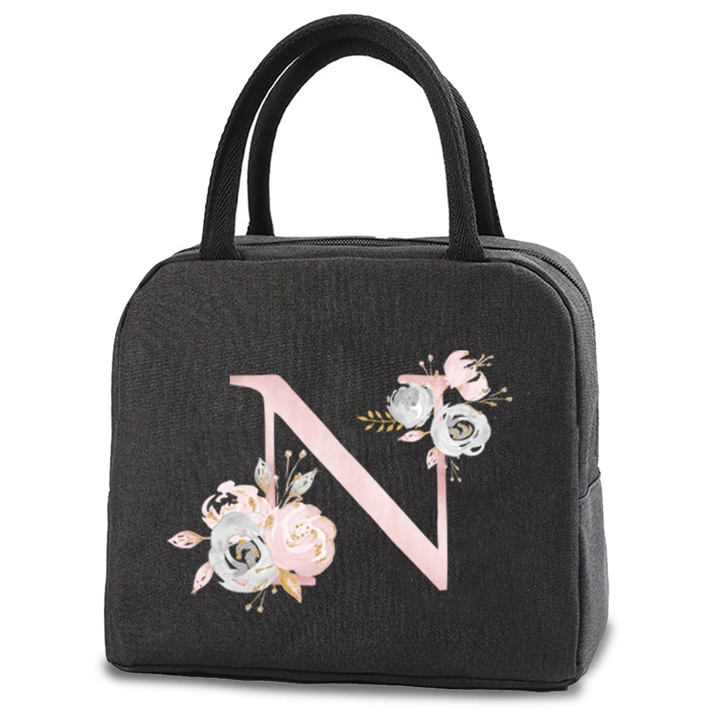 Insulated Lunch Box Men Women Travel Portable Camping Picnic Bag Pink Flower Letter Print Cold Food Cooler Thermal Bag Handbag