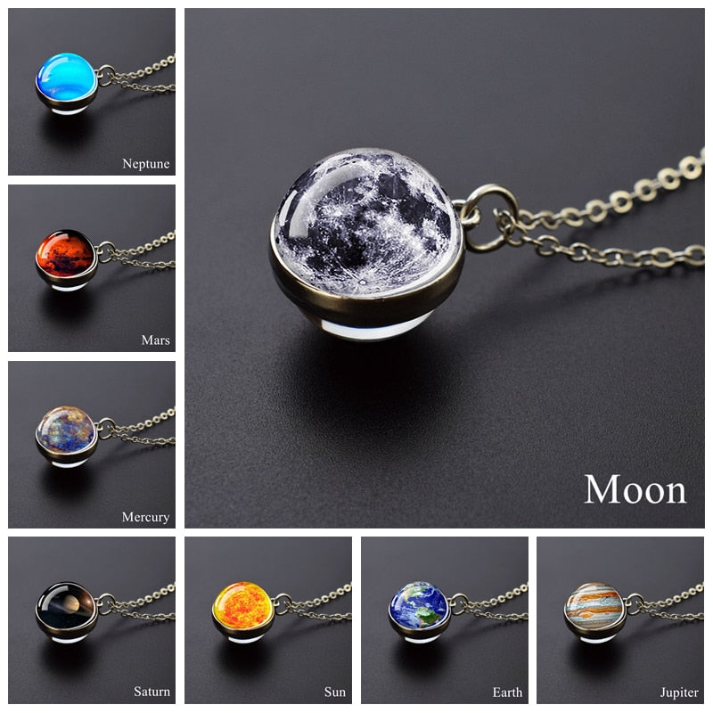 Solar System Planet Necklace Moon Earth Jupiter Neptune Mars Venus Mercury Glass Ball Pendant Necklace Fashion Christmas Gift