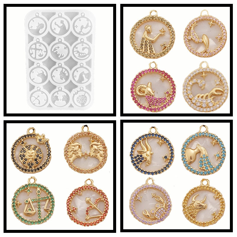 Zodiac Jewelry Pendants Silicone Molds for Handmade UV Epoxy Resin 12 Constellation Necklace Bracelet Keychain Pendant Mould