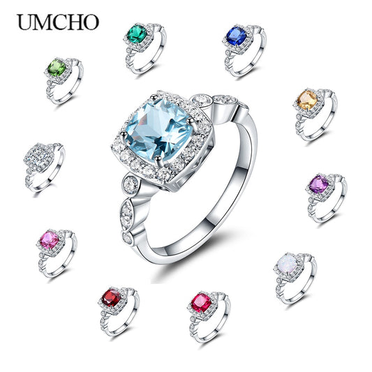 UMCHO  Real S925 Sterling Silver Rings for Women Blue Topaz Ring Gemstone Aquamarine Cushion  Romantic Gift Engagement Jewelry