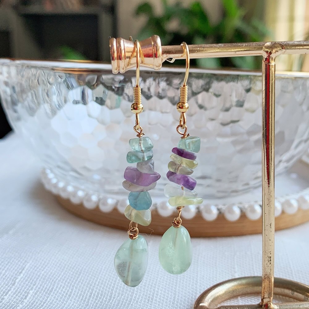 Irregular Ore Rock Natural Crystal Earring Chip Stone Long Tassel Pendulum Citrines Lapis Fluorite Purple Crystal Drop Earring