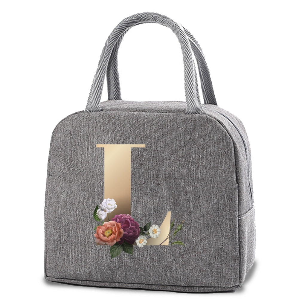 Thermal Lunch Dinner Bags Canvas Gold Letter Handbag Picnic Travel Breakfast Box School Child Convenient Lunch Bag Tote Food Bag