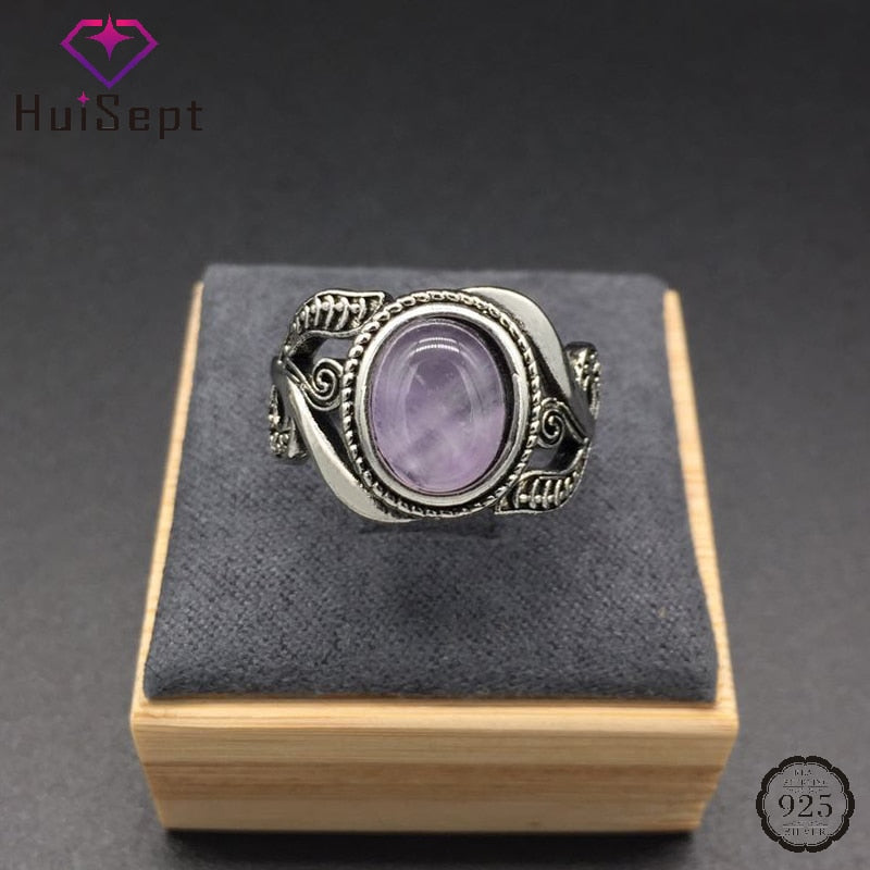 HuiSept Vintage 925 Silver Ring Amethyst Gemstone Flower Shaped Fashion Jewelery Rings for Female Wedding Party Gift Wholesale