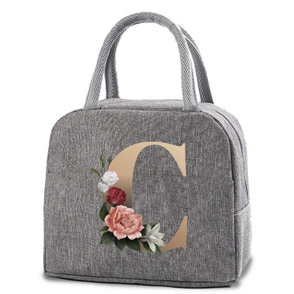 Thermal Lunch Dinner Bags Canvas Gold Letter Handbag Picnic Travel Breakfast Box School Child Convenient Lunch Bag Tote Food Bag