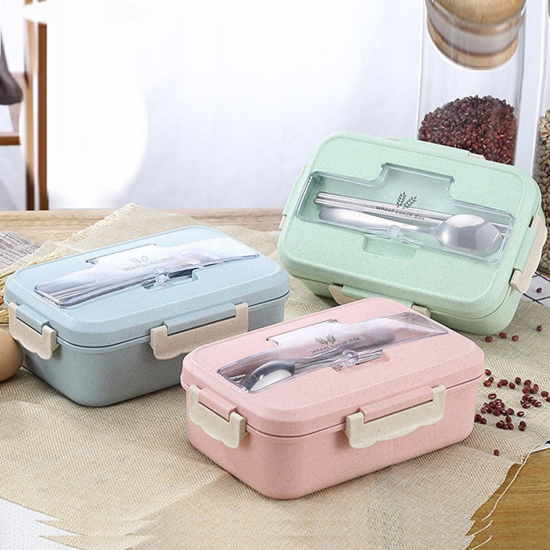 Microwave Lunch Box with Spoon Chopsticks Wheat Straw Dinnerware Food Storage Container Children Kids School Office Bento Box