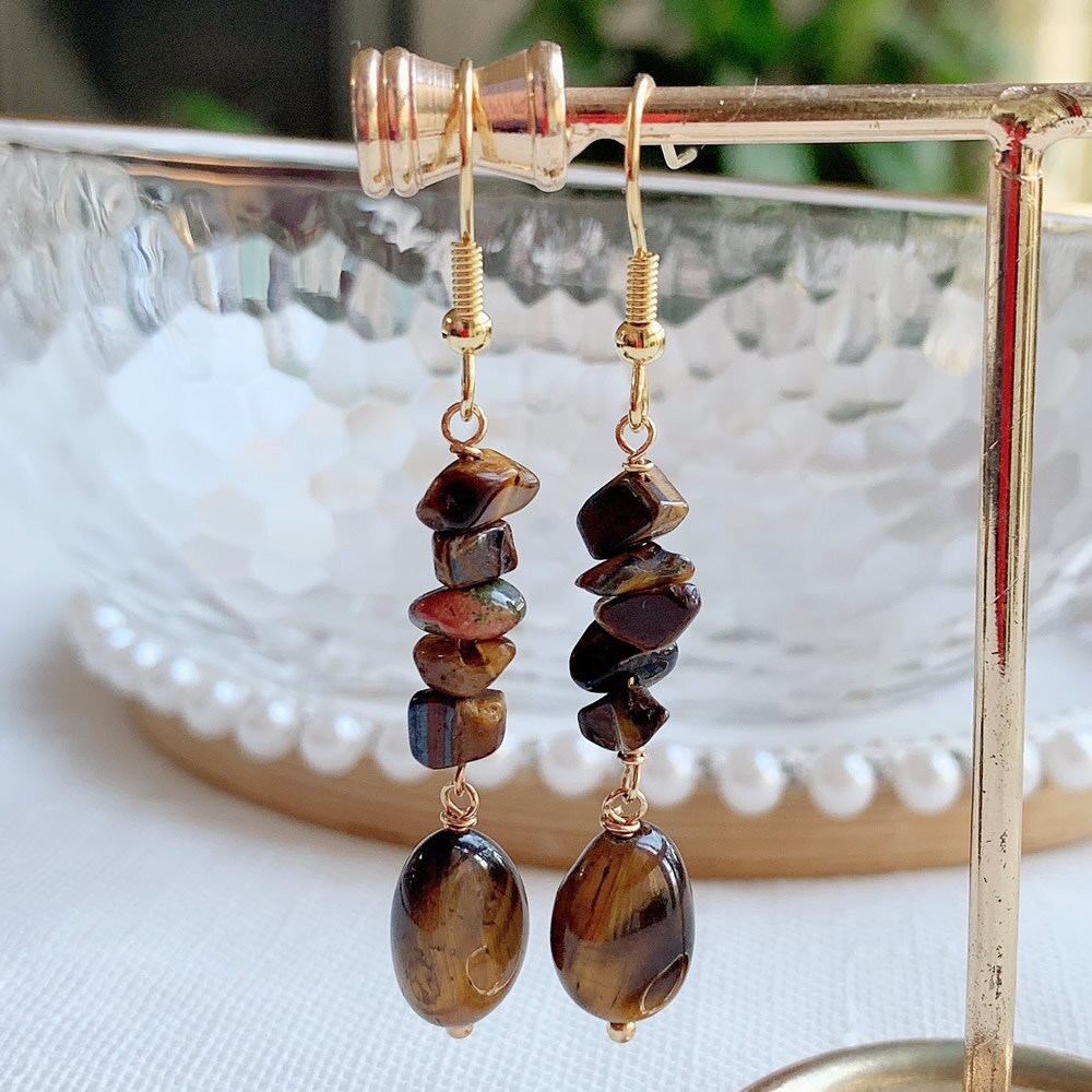 Irregular Ore Rock Natural Crystal Earring Chip Stone Long Tassel Pendulum Citrines Lapis Fluorite Purple Crystal Drop Earring