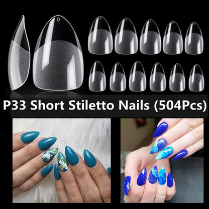 504PCS False Nails Acrylic Nail Tips Soft Gel Nail Tips Clear Nail Art Matte Underneath Fake Tips Coffin Stiletto Press On Nails