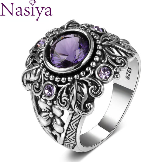 Vintage Jewelry 3ct Amethyst Silver Color Ring Round Cut Purple Nature stone Women Wedding Anel Aneis Gemstone Rings