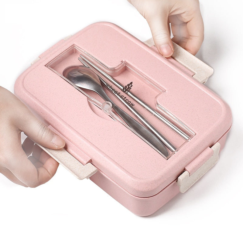 Microwave Lunch Box with Spoon Chopsticks Wheat Straw Dinnerware Food Storage Container Children Kids School Office Bento Box