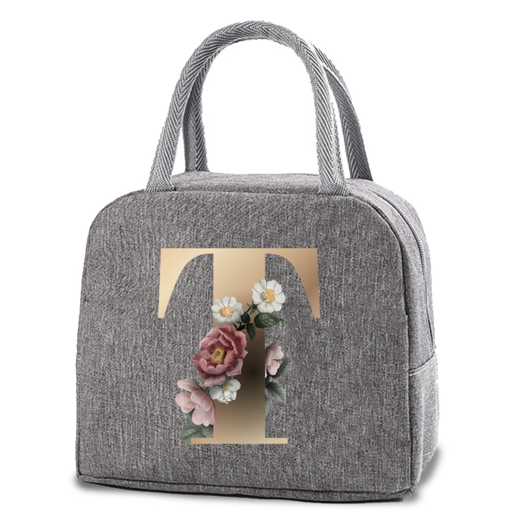 Thermal Lunch Dinner Bags Canvas Gold Letter Handbag Picnic Travel Breakfast Box School Child Convenient Lunch Bag Tote Food Bag