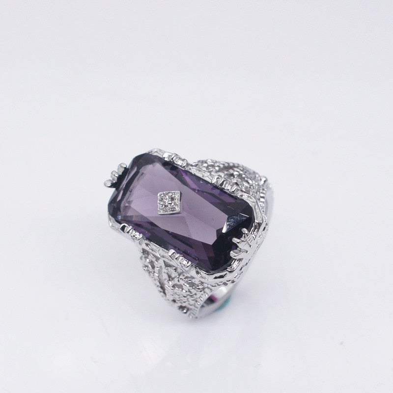 Silver Ring Chamfer Rectangular Amethyst Princess Gemstone Ring Hollow Flower Female Ring Jewelry For Women