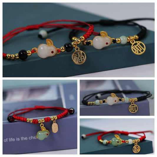 2023 Rabbit Year DIY Arts Crafts Bracelet Gift Red Black Rope Weave Lucky Zodiac Jade Rabbit for Woman Lovers Bracelets Jewelry