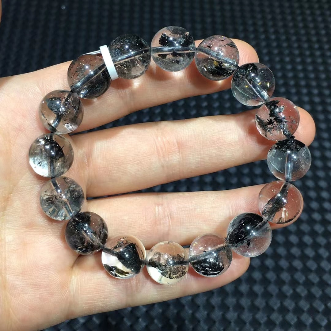 Natural Herkimer Diamond Black Rutilated Quartz Bracelet Rare Gemstone 13mm Clear Round Beads Woman Man Jewelry AAAAAAA