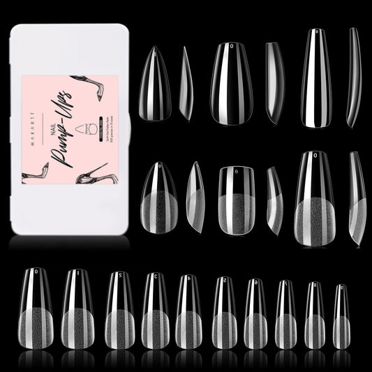 Makartt Soft Gel Full Cover Tips Kit for Soak Off Nail Extensions, 500 Pcs Clear Medium Almond Gelly Tips False Press on Nails