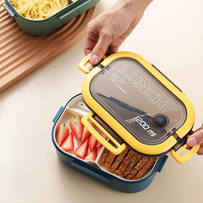 Portable Hermetic Lunch Box 2 Layer Grid Children Student Bento Box with Fork Spoon Leakproof Microwavable Prevent Odor School