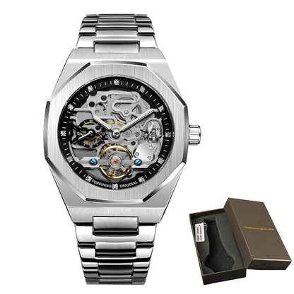 Forsining Fashion Silver Mens Watches Top Brand Luxury Automatic Mechanical Stainless Steel Fashion Business Skeleton Wristwatch